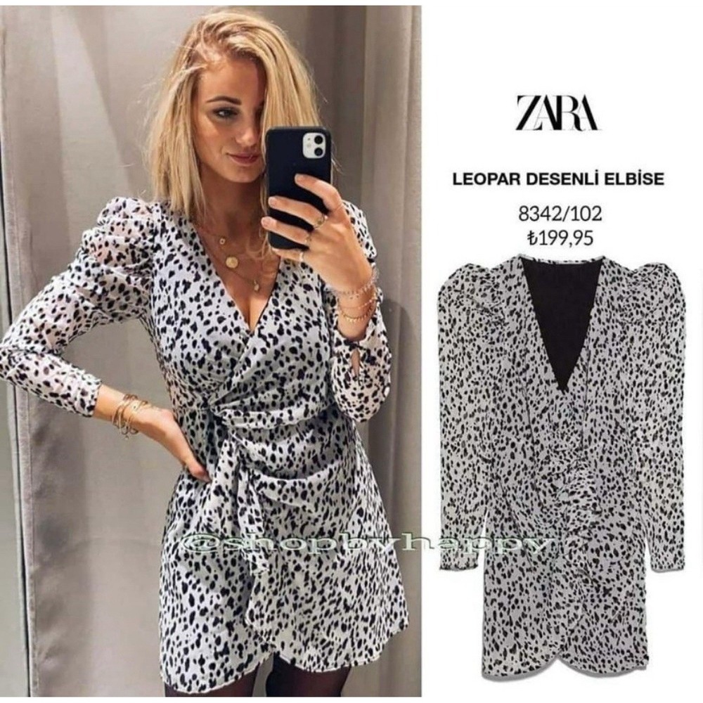 Zara Animal Print Cow Dress Puff Long MUTTEN Pirate Sleeve Faux Wrap Lined XS/2